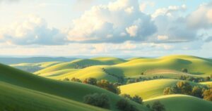 A serene landscape with green hills and a cloudy sky symbolizing peace and reflection.