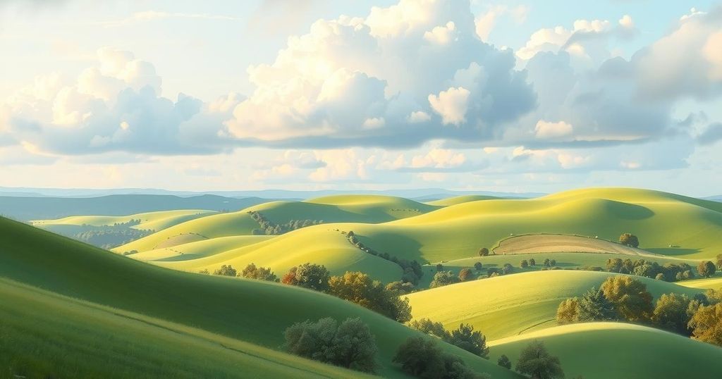 A serene landscape with green hills and a cloudy sky symbolizing peace and reflection.