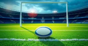 A rugby field with goal posts, a ball, and team kits in colors of blue, black, and white, symbolizing teamwork and achievement.