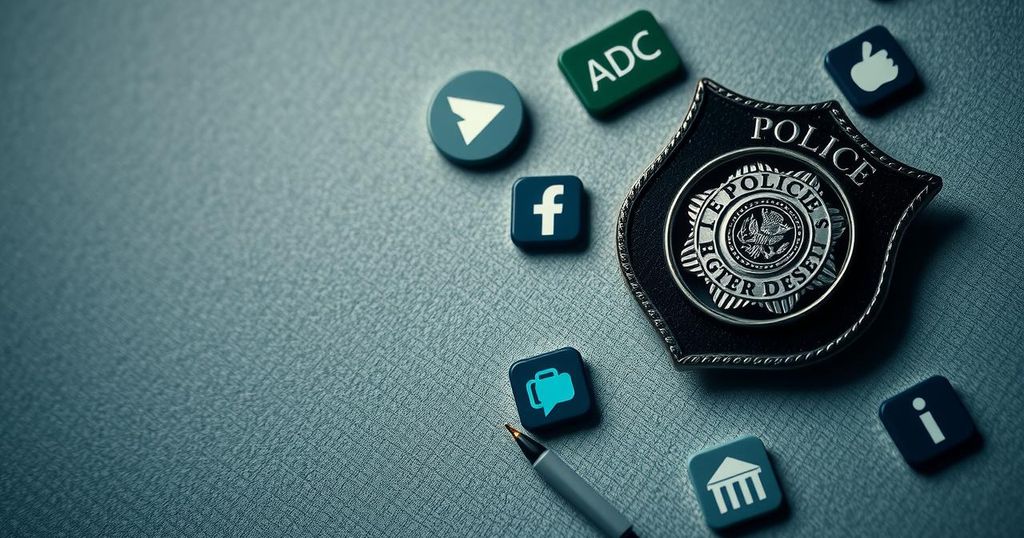 A police badge and a government emblem with digital media icons in a serious, muted color palette.