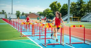 Athletics training camp scene with track field and hurdles, bright colors, energetic atmosphere, and youthful spirit.