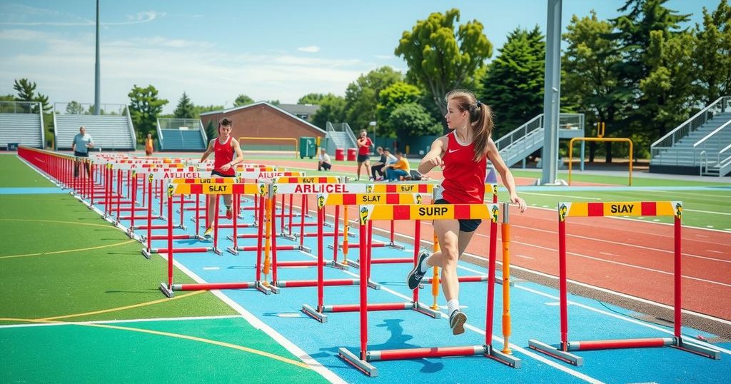 Athletics training camp scene with track field and hurdles, bright colors, energetic atmosphere, and youthful spirit.