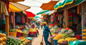 A vibrant market showcasing Nigerian culture, with colorful stalls and diverse goods on display under a bright sky.