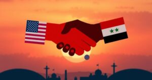 A symbolic handshake with flags of the U.S., Israel, and Syria in the background, set against a sunset sky.