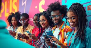 Young Cameroonians engaging with social media on smartphones, showcasing vibrant tech culture and digital communication.