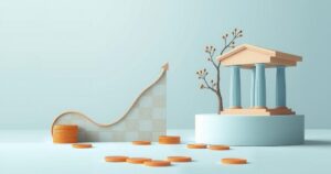 An abstract representation of finance with a stable graph, coins, and a central bank silhouette in soft blue hues.