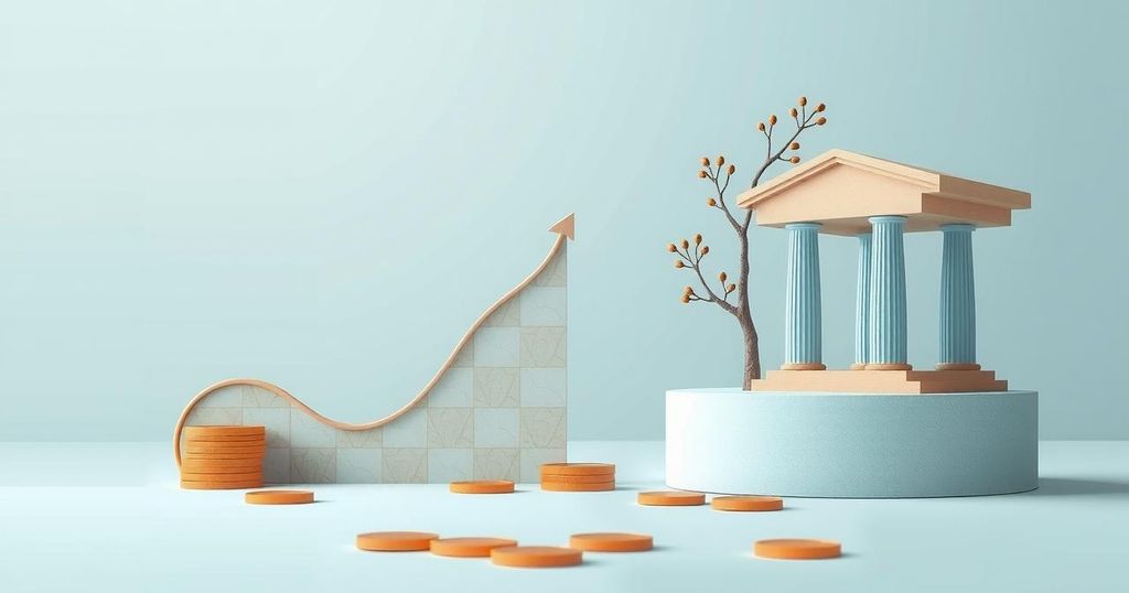 An abstract representation of finance with a stable graph, coins, and a central bank silhouette in soft blue hues.