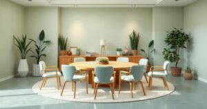 A peaceful conference room with a round table, flags, and greenery symbolizing collaboration in agriculture.