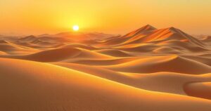 A peaceful desert landscape symbolizing diplomatic efforts in the Middle East, featuring warm golden tones and serene skies.