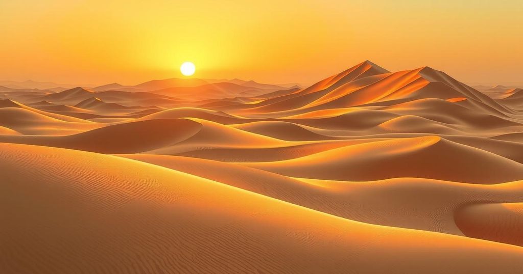 A peaceful desert landscape symbolizing diplomatic efforts in the Middle East, featuring warm golden tones and serene skies.