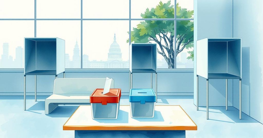 A political landscape scene with empty voting booths and ballot boxes representing recent elections in Japan.