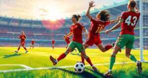 Soccer match scene depicting a tense goal celebration and team camaraderie on the field during a tournament.