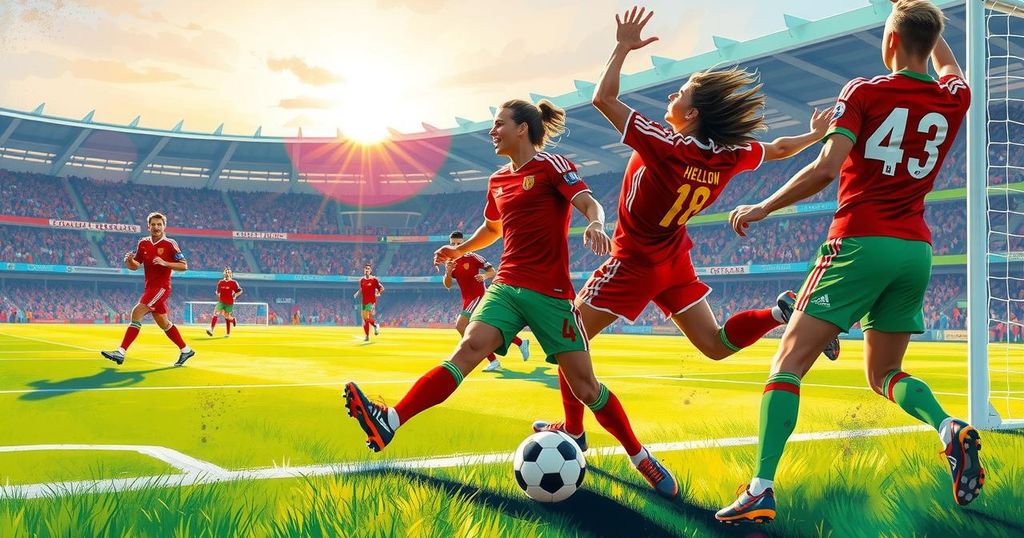 Soccer match scene depicting a tense goal celebration and team camaraderie on the field during a tournament.