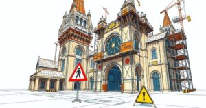 A symbolic architectural sketch of a grand cathedral under construction with caution signs around it.
