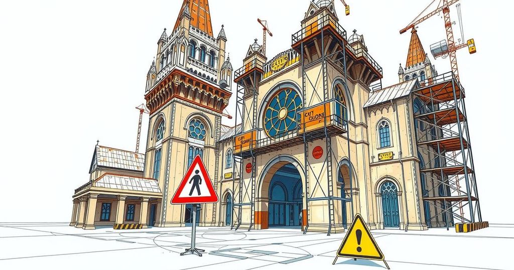 A symbolic architectural sketch of a grand cathedral under construction with caution signs around it.