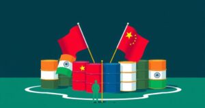 A symbolic depiction of global diplomacy with flags of countries and oil barrels, showcasing trade agreements.
