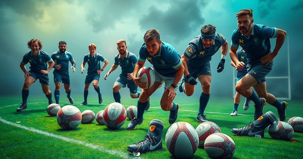 High energy rugby training session with vibrant colors, featuring rugby gear and intense atmosphere