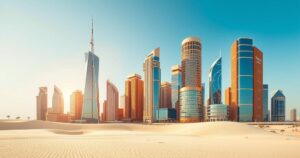 Vibrant skyline of Dubai with modern architecture and desert background, showcasing UAE's progress and innovation.