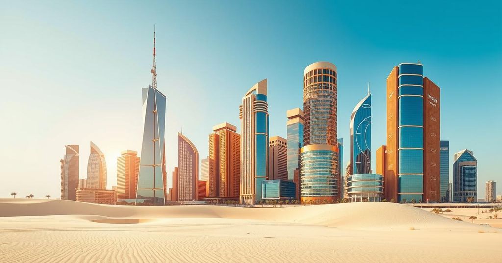 Vibrant skyline of Dubai with modern architecture and desert background, showcasing UAE's progress and innovation.