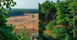 Forest landscape indicating ecological imbalance with vibrant green trees and barren patches, illustrating environmental challenges.