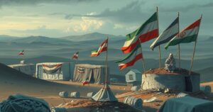 A symbolic representation of concern for Afghan refugees amid government cuts featuring a desolate landscape and shadowy structures.
