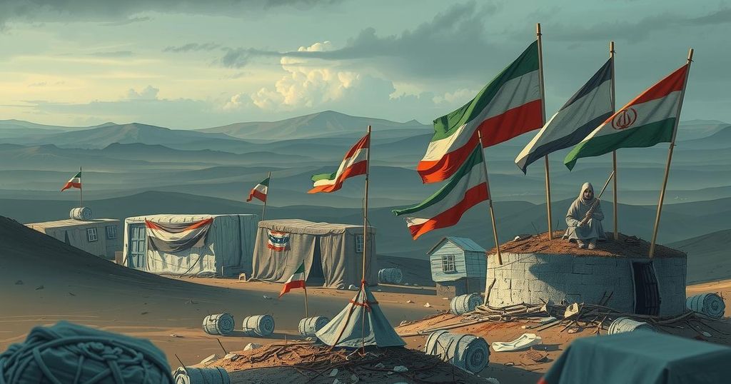 A symbolic representation of concern for Afghan refugees amid government cuts featuring a desolate landscape and shadowy structures.