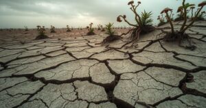 A barren landscape representing the decline of climate change media coverage, in muted earth tones with a hint of unsettling imagery.