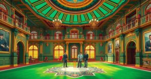 A royal meeting scene with cricket teams and officials at a palace, characterized by elegant architecture and vibrant colors.