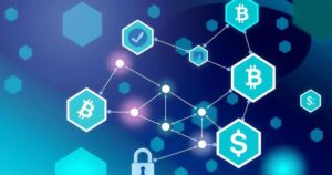 A vibrant representation of blockchain technology with digital assets in a secure environment, featuring geometric shapes.