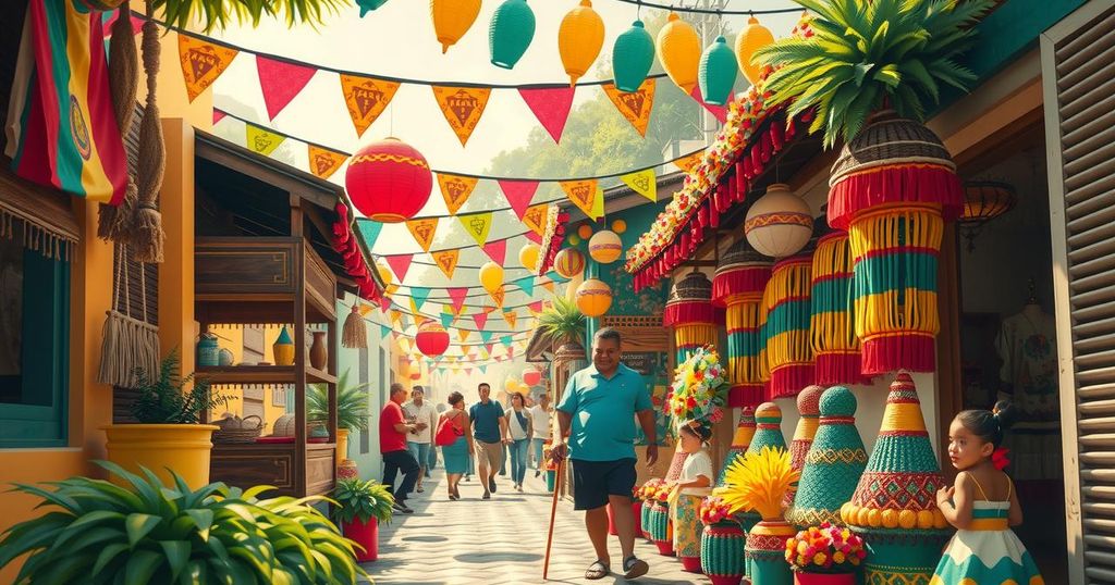 Colorful Colombian cultural celebration scene with vibrant decorations and festive atmosphere, focusing on community spirit.