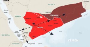 A military strategy map illustrating Yemen, with arrows indicating movements, separated by color zones representing forces.