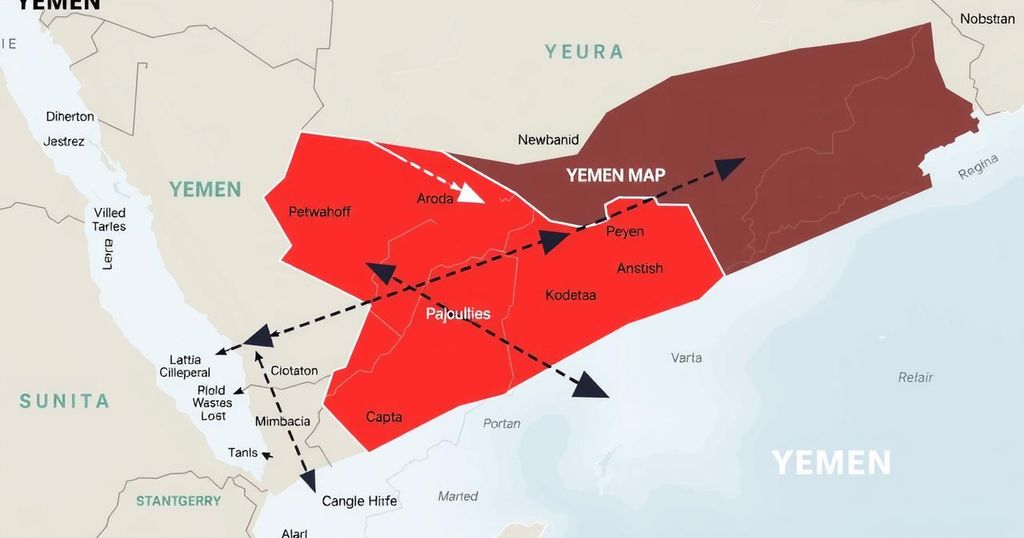 A military strategy map illustrating Yemen, with arrows indicating movements, separated by color zones representing forces.