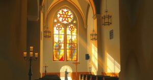 A serene view of a peaceful church interior, symbolizing faith and reflection, filled with soft, warm colors.
