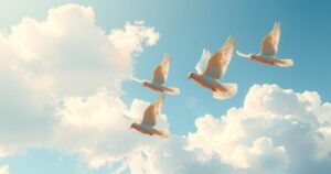 A symbolic representation of freedom and reunion, featuring vibrant doves and clouds in a serene blue sky.