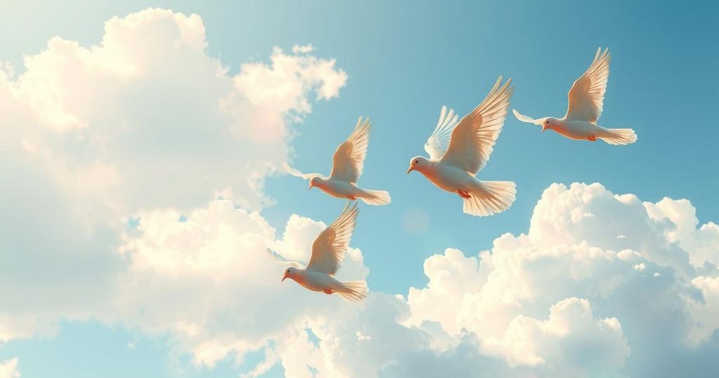 A symbolic representation of freedom and reunion, featuring vibrant doves and clouds in a serene blue sky.