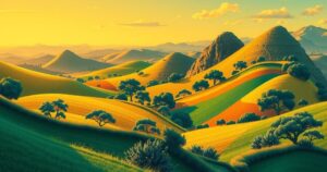 Colorful depiction of vibrant African landscapes symbolizing unity and sportsmanship, celebrating women's football spirit.