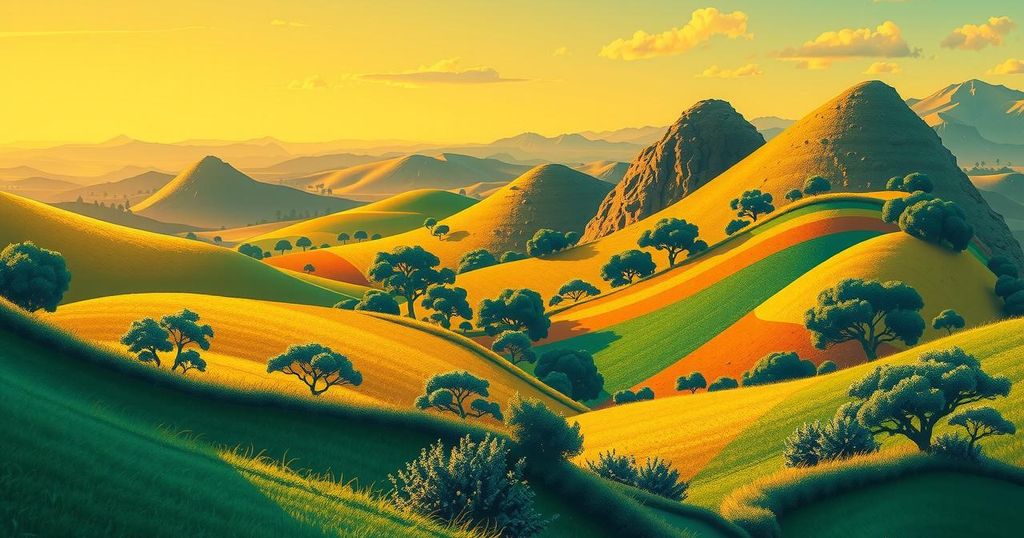 Colorful depiction of vibrant African landscapes symbolizing unity and sportsmanship, celebrating women's football spirit.
