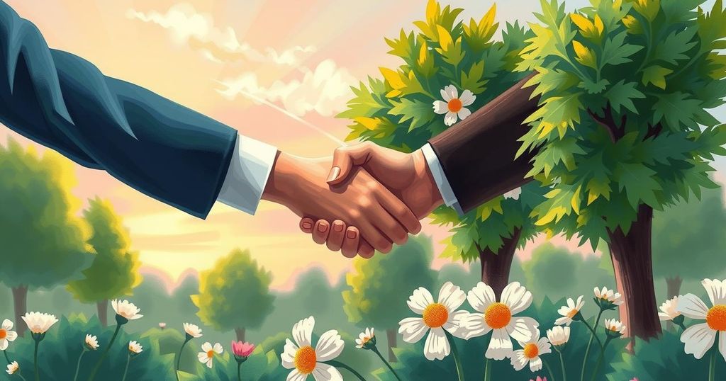 Peace agreement signing between parties with symbolic handshake and dove, set in a tranquil outdoor setting.