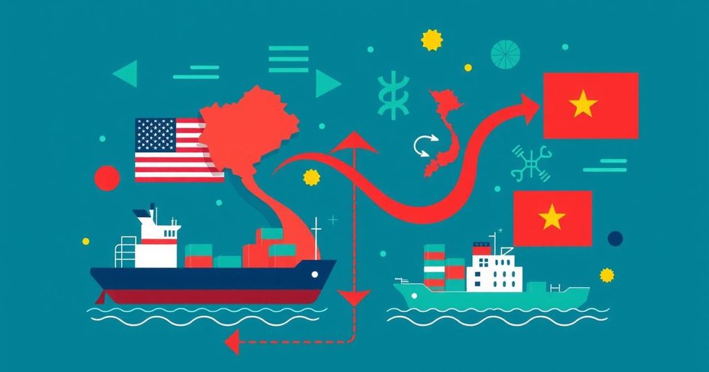 A representation of trade dynamics between Vietnam and the US, illustrating tariffs and market access.
