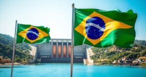 Two flags representing Brazil and Paraguay with a backdrop of Itaipu hydroelectric dam