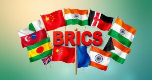 Flags of BRICS nations in vibrant colors representing unity and cooperation among emerging economies.