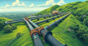 Illustration of oil pipelines and a vibrant landscape symbolizing oil export plans in northern Iraq.