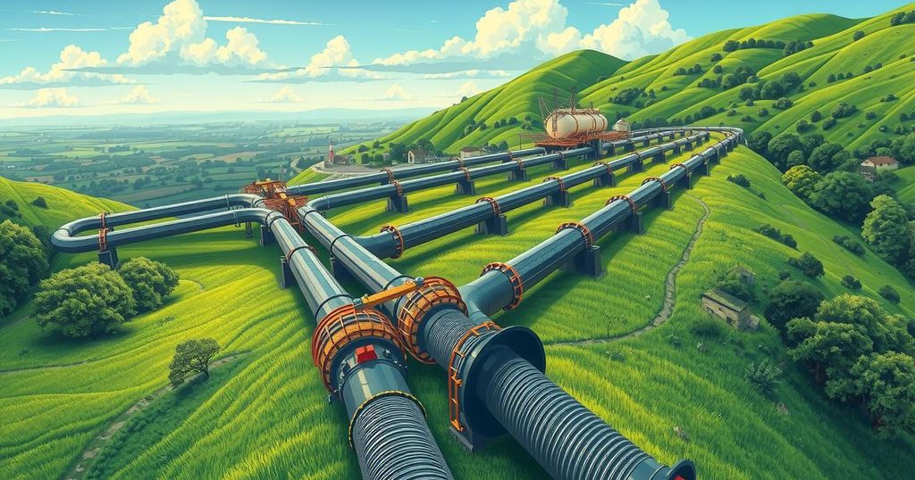 Illustration of oil pipelines and a vibrant landscape symbolizing oil export plans in northern Iraq.