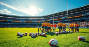 A Wallabies rugby team practicing together, showing teamwork and determination, with a green and gold color scheme.