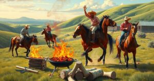 Gauchos celebrating with bronco riding and barbecue during Independence Day in Argentina.
