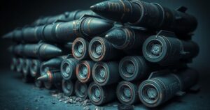 A military scene depicting artillery shells and missiles with a dark color palette and a gritty style.