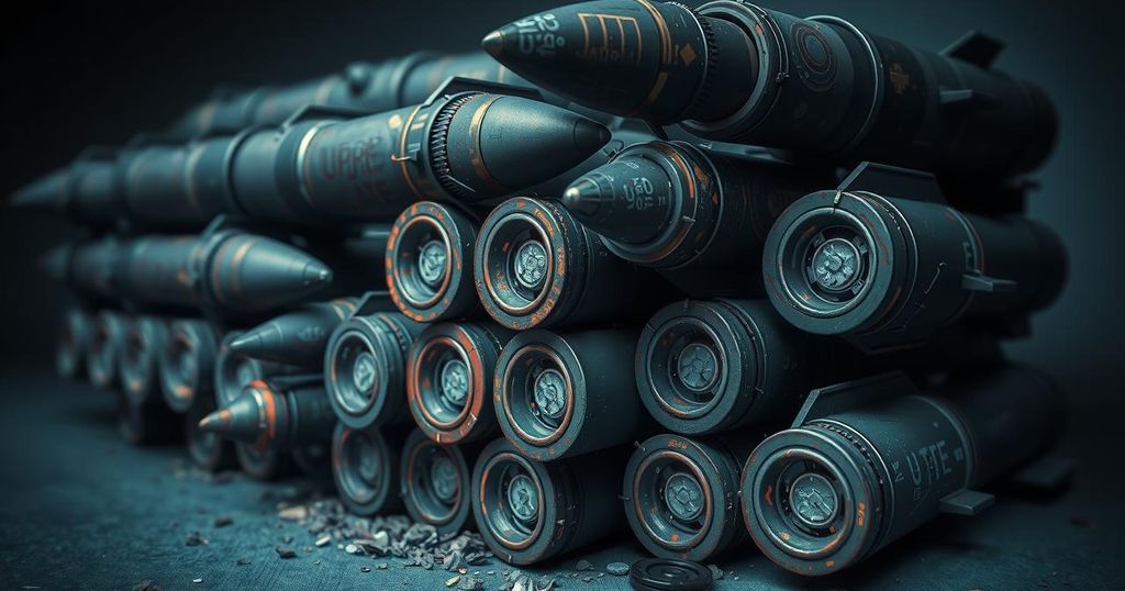 A military scene depicting artillery shells and missiles with a dark color palette and a gritty style.