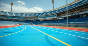 Track with a vibrant blue surface at a Diamond League athletics event, featuring yellow and green accents.
