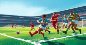 A dynamic rugby match scene showing a team scoring a try on a vibrant green pitch under blue skies.