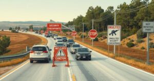 A highway scene depicting illegal security checkpoints with vehicles and barriers, set in a muted color palette.